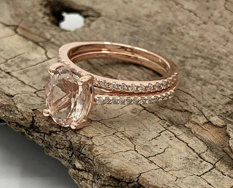 Rose Gold Morganite Oval Cut Wedding Set, Oval Morganite Engagement Ring, Morganite Wedding Set, Morganite Engagement Ring Set, Diamond Ring