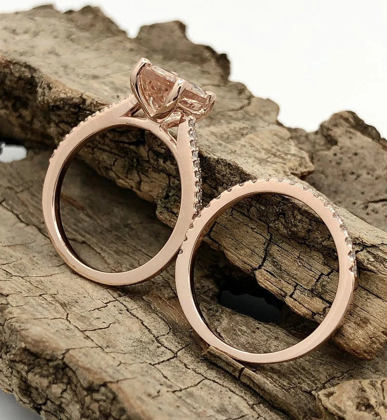 Rose Gold Morganite Oval Cut Wedding Set, Oval Morganite Engagement Ring, Morganite Wedding Set, Morganite Engagement Ring Set, Diamond Ring