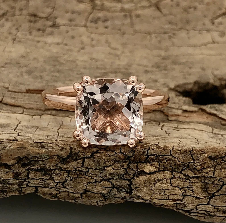 Solitaire Ring 14k Rose Gold Engagement Ring Morganite Ring 9mm Cushion Cut Morganite Anniversary Ring