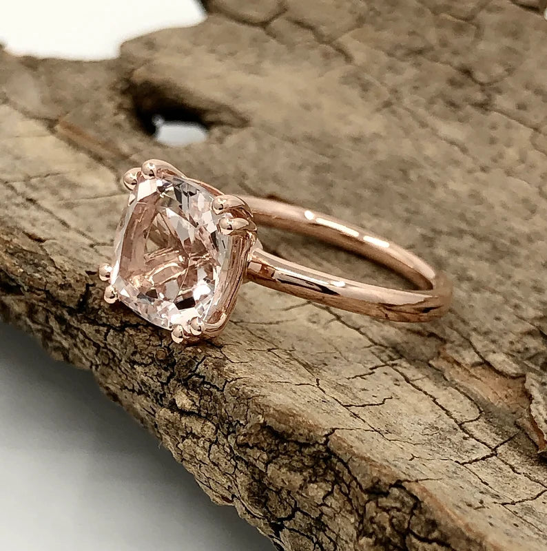 Solitaire Ring 14k Rose Gold Engagement Ring Morganite Ring 9mm Cushion Cut Morganite Anniversary Ring