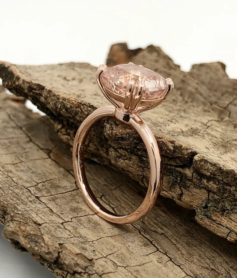 Solitaire Ring 14k Rose Gold Engagement Ring Morganite Ring 9mm Cushion Cut Morganite Anniversary Ring