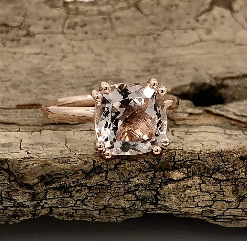 Solitaire Ring 14k Rose Gold Engagement Ring Morganite Ring 9mm Cushion Cut Morganite Anniversary Ring