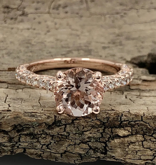 14k Rose Gold Diamond Ring Engagement Ring 8mm/1.58 Carats Round Cut Morganite Ring Diamond Wedding Ring Anniversary Ring