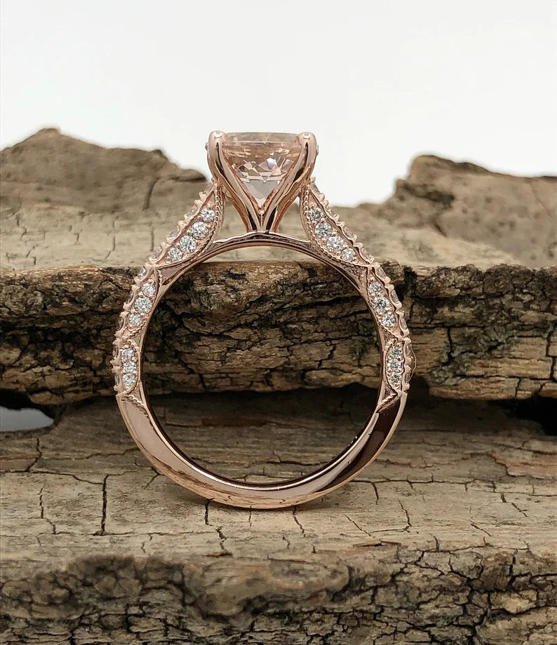 14k Rose Gold Diamond Ring Engagement Ring 8mm/1.58 Carats Round Cut Morganite Ring Diamond Wedding Ring Anniversary Ring