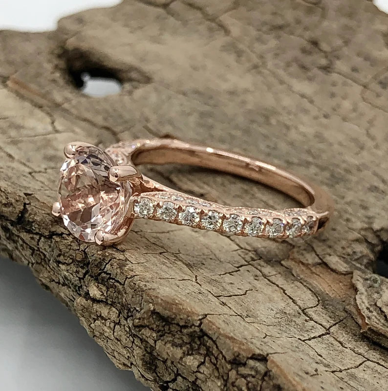 14k Rose Gold Diamond Ring Engagement Ring 8mm/1.58 Carats Round Cut Morganite Ring Diamond Wedding Ring Anniversary Ring