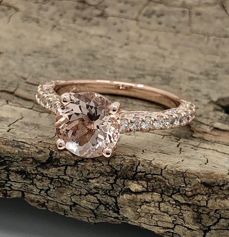 14k Rose Gold Diamond Ring Engagement Ring 8mm/1.58 Carats Round Cut Morganite Ring Diamond Wedding Ring Anniversary Ring