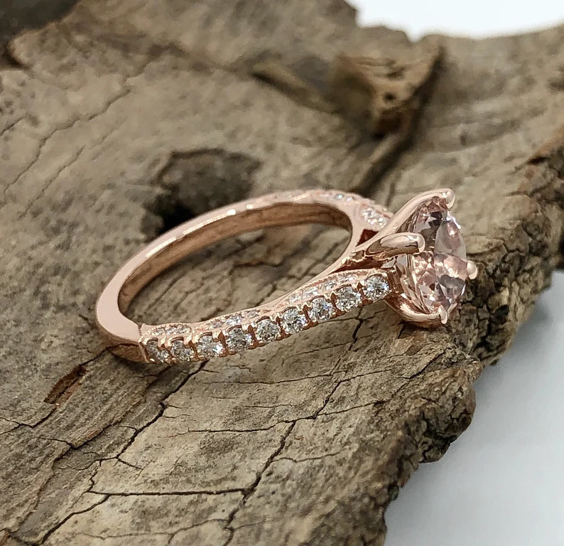 14k Rose Gold Diamond Ring Engagement Ring 8mm/1.58 Carats Round Cut Morganite Ring Diamond Wedding Ring Anniversary Ring