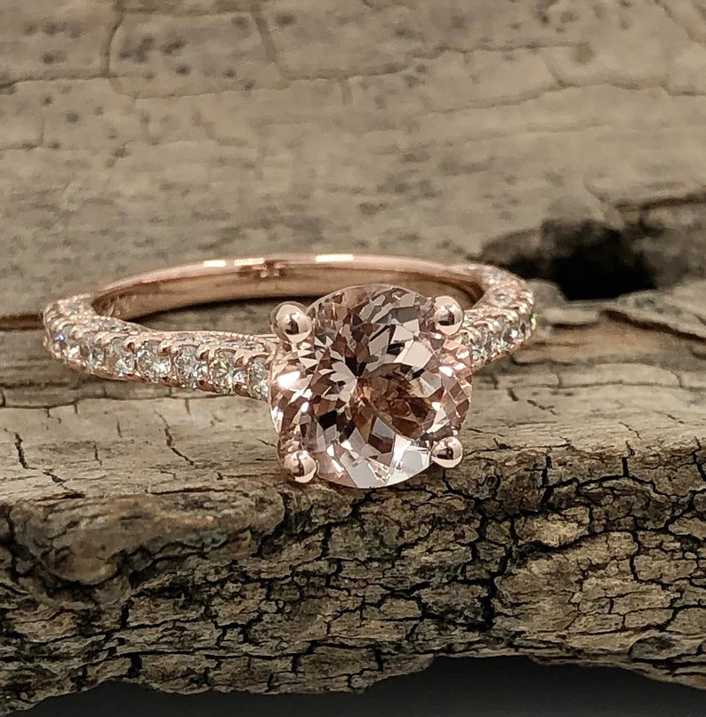 14k Rose Gold Diamond Ring Engagement Ring 8mm/1.58 Carats Round Cut Morganite Ring Diamond Wedding Ring Anniversary Ring