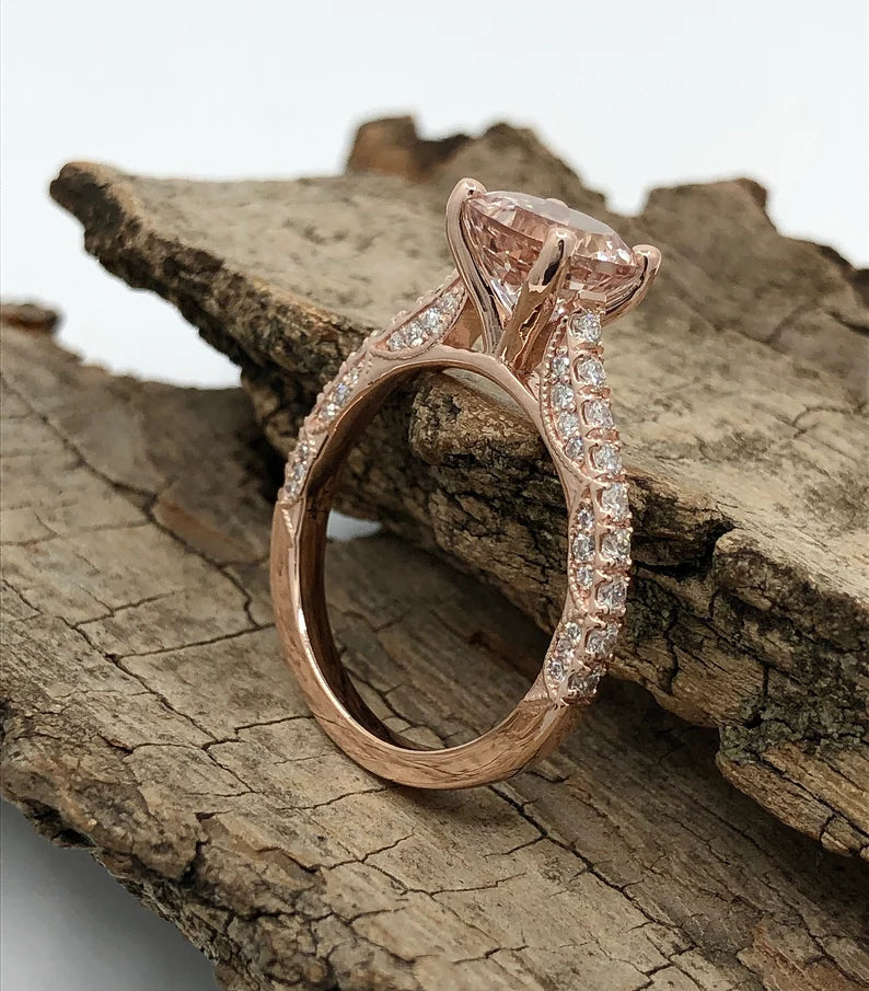 14k Rose Gold Diamond Ring Engagement Ring 8mm/1.58 Carats Round Cut Morganite Ring Diamond Wedding Ring Anniversary Ring