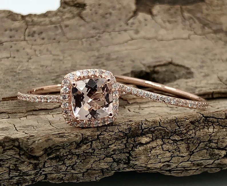 Morganite Bridal Set In 14K Rose Gold, Morganite Cushion Engagement Ring, Cushion Diamond Halo Ring, Morganite Engagement Ring, Diamond Ring