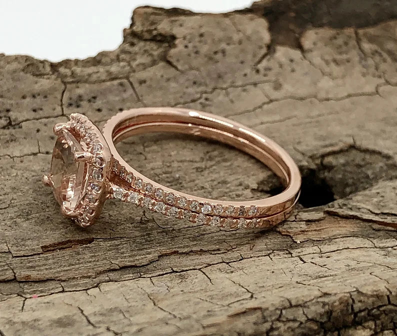 Morganite Bridal Set In 14K Rose Gold, Morganite Cushion Engagement Ring, Cushion Diamond Halo Ring, Morganite Engagement Ring, Diamond Ring