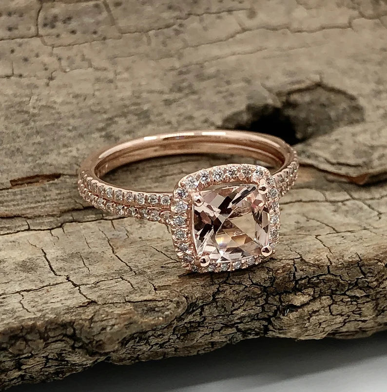 Morganite Bridal Set In 14K Rose Gold, Morganite Cushion Engagement Ring, Cushion Diamond Halo Ring, Morganite Engagement Ring, Diamond Ring