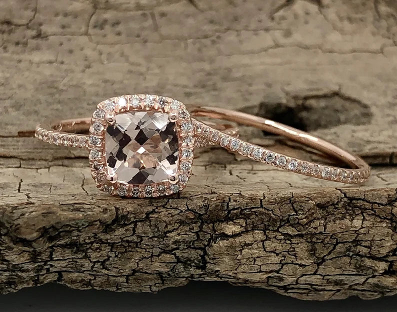 Morganite Bridal Set In 14K Rose Gold, Morganite Cushion Engagement Ring, Cushion Diamond Halo Ring, Morganite Engagement Ring, Diamond Ring