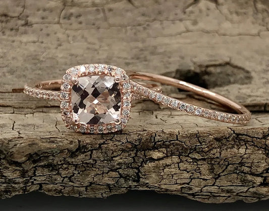 Morganite Bridal Set In 14K Rose Gold, Morganite Cushion Engagement Ring, Cushion Diamond Halo Ring, Morganite Engagement Ring, Diamond Ring