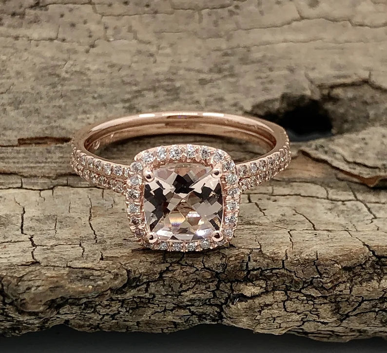 Morganite Bridal Set In 14K Rose Gold, Morganite Cushion Engagement Ring, Cushion Diamond Halo Ring, Morganite Engagement Ring, Diamond Ring