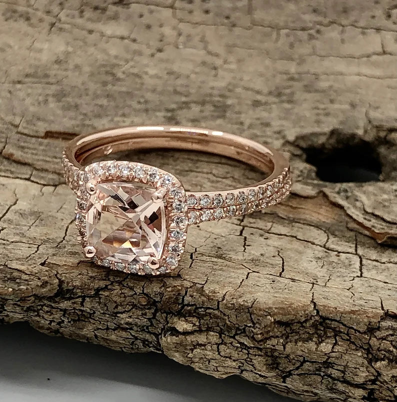 Morganite Bridal Set In 14K Rose Gold, Morganite Cushion Engagement Ring, Cushion Diamond Halo Ring, Morganite Engagement Ring, Diamond Ring