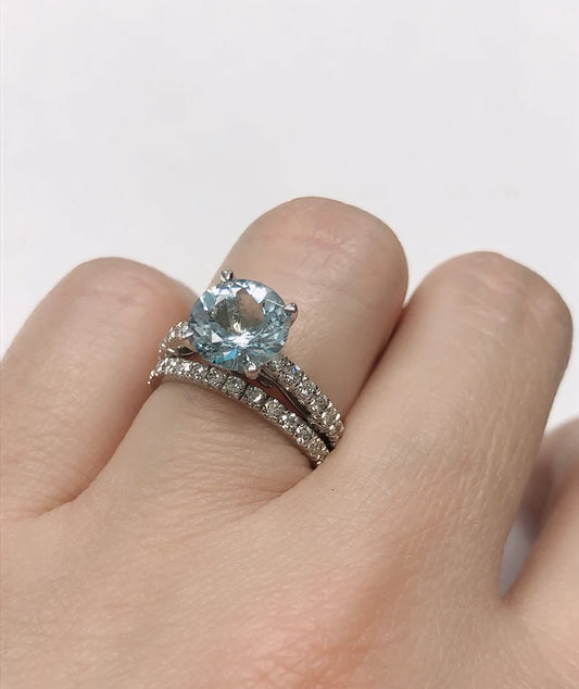 14k White Gold Diamond Wedding Set 8mm/1.85 Carats Round Cut Aquamarine Engagement Ring Half Eternity Diamond Wedding Band