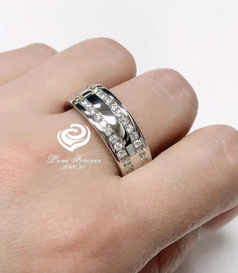 8mm Men's Diamond Wedding Band 14k White Gold Matching Wedding Band Promise Ring Anniversary Ring Band