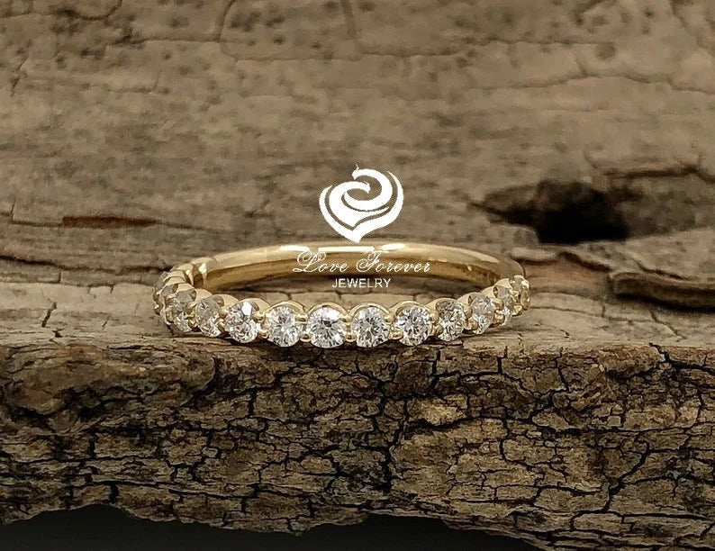 Diamond Half Eternity Wedding Band, Yellow Gold Stackable Wedding Band, Half Eternity Diamond Band