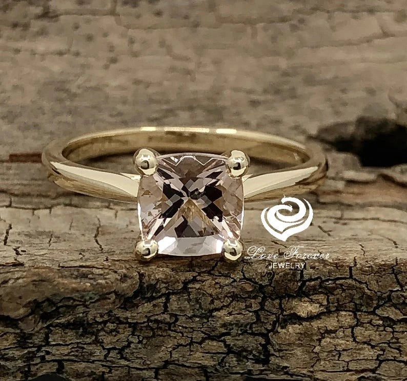 14k Yellow Gold Engagement Ring Morganite Ring 7mm Cushion Cut Morganite Solitaire Ring Anniversary Ring