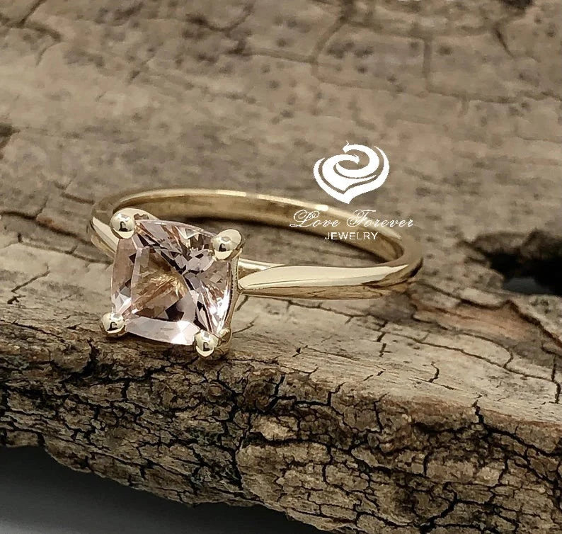 14k Yellow Gold Engagement Ring Morganite Ring 7mm Cushion Cut Morganite Solitaire Ring Anniversary Ring