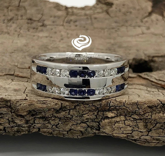 Mens Diamond Wedding Band 14K White Gold, Mens Wedding Ring, Solid Gold Wedding Ring, Blue Sapphires Wedding Band