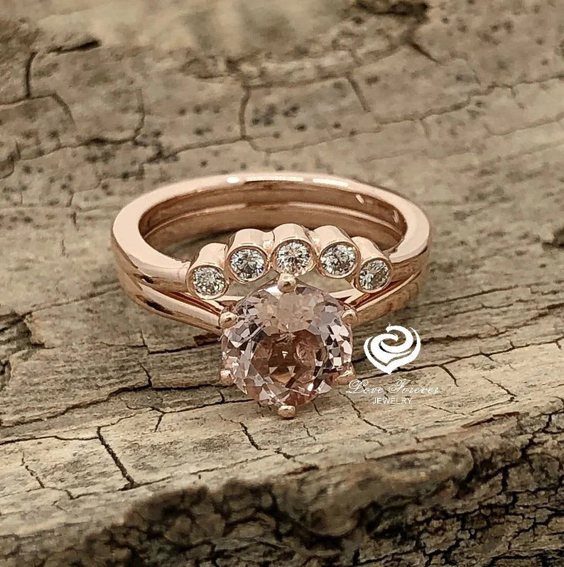 Rose Gold Morganite Round Cut Wedding Set, Round Morganite Engagement Ring, Morganite Wedding Set