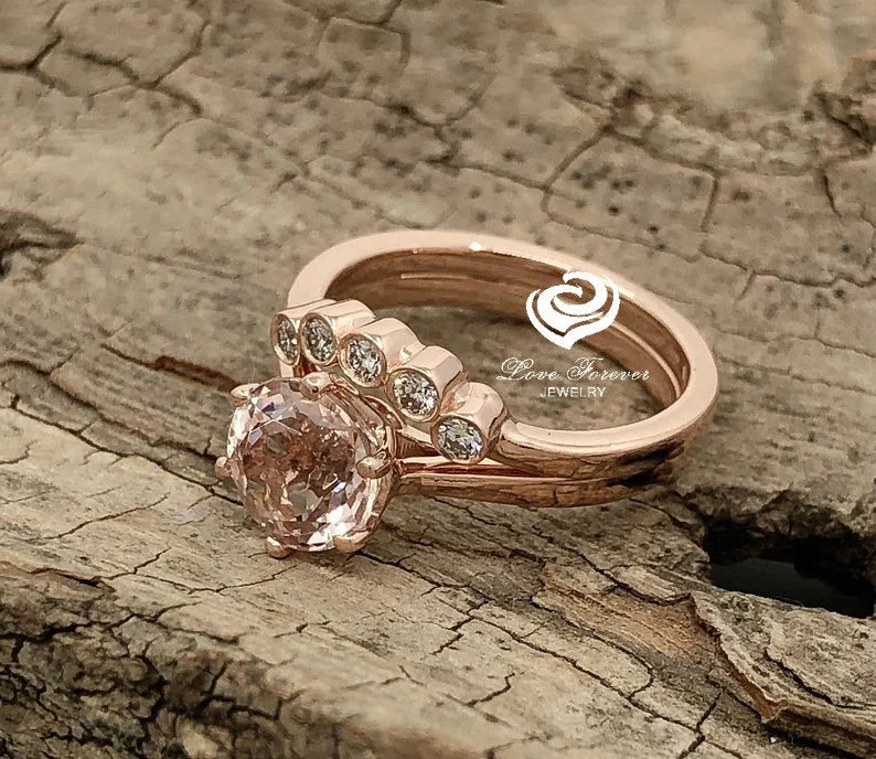 Rose Gold Morganite Round Cut Wedding Set, Round Morganite Engagement Ring, Morganite Wedding Set