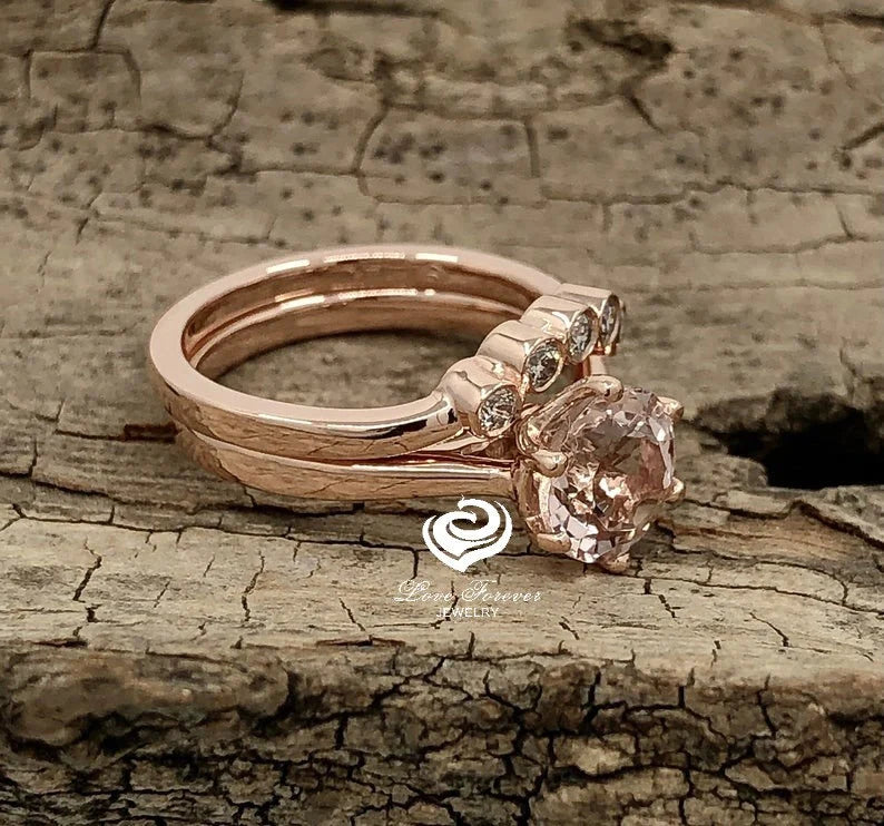 Rose Gold Morganite Round Cut Wedding Set, Round Morganite Engagement Ring, Morganite Wedding Set