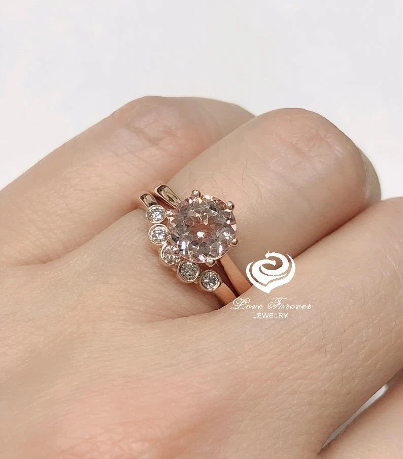 Rose Gold Morganite Round Cut Wedding Set, Round Morganite Engagement Ring, Morganite Wedding Set