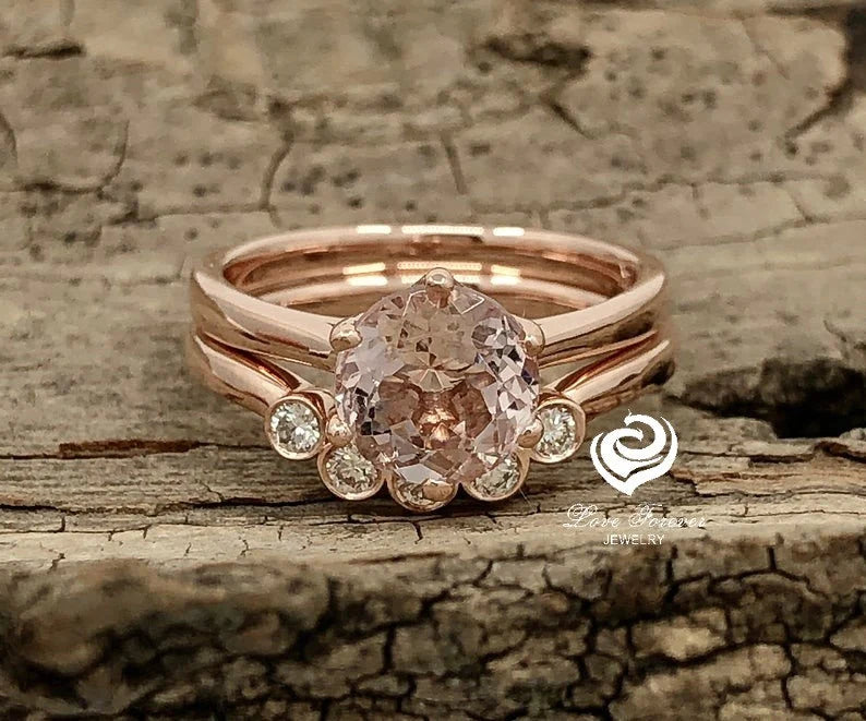 Rose Gold Morganite Round Cut Wedding Set, Round Morganite Engagement Ring, Morganite Wedding Set