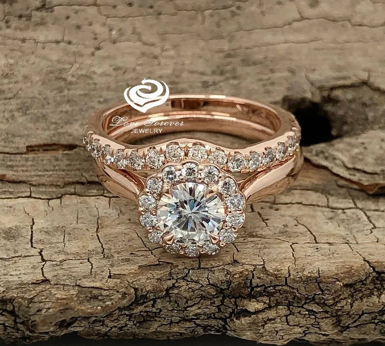 Round Cut Engagement Bridal Set 14K Rose Gold, Forever One Moissanite Round Cut Bridal Set, Halo Diamond Wedding Set, Diamond Halo Bridal Set