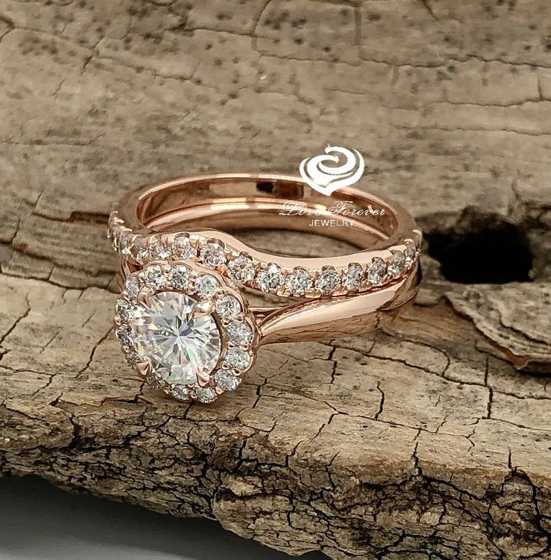 Round Cut Engagement Bridal Set 14K Rose Gold Forever One