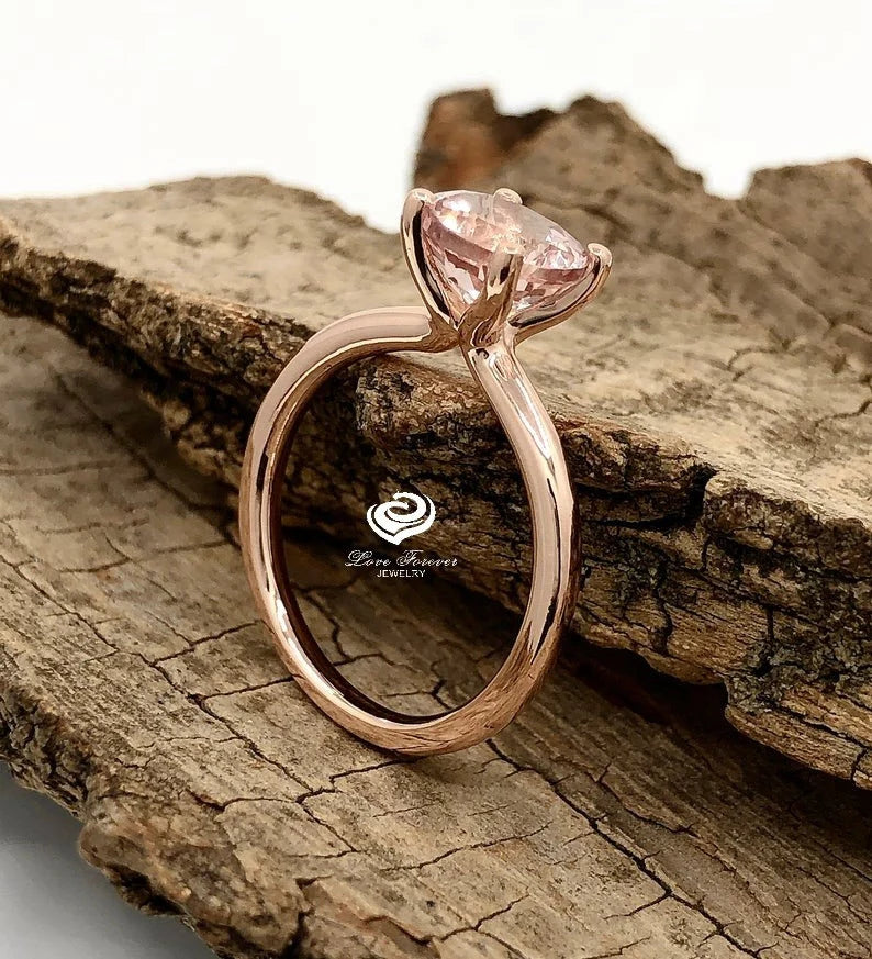 14k Rose Gold Solitaire Ring Morganite Ring 7mm Round Cut Morganite Engagement Ring Anniversary Ring