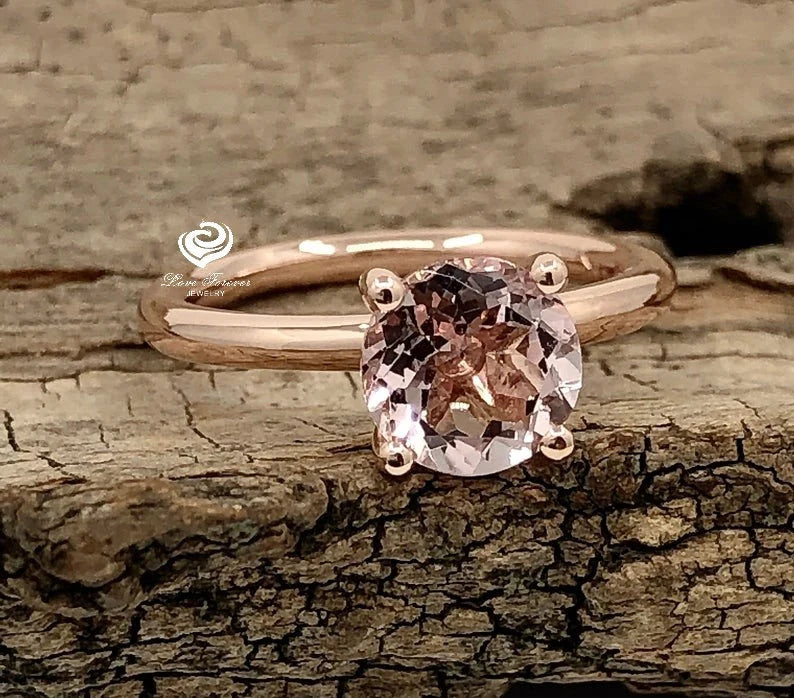 14k Rose Gold Solitaire Ring Morganite Ring 7mm Round Cut Morganite Engagement Ring Anniversary Ring