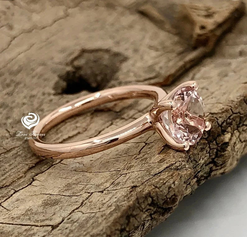 14k Rose Gold Solitaire Ring Morganite Ring 7mm Round Cut Morganite Engagement Ring Anniversary Ring