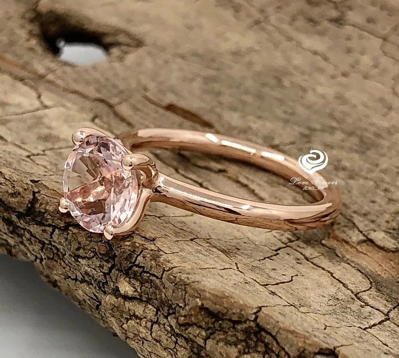 14k Rose Gold Solitaire Ring Morganite Ring 7mm Round Cut Morganite Engagement Ring Anniversary Ring