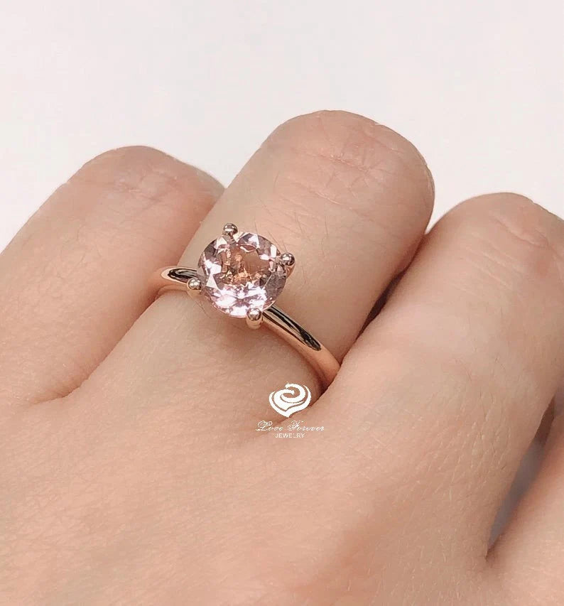 14k Rose Gold Solitaire Ring Morganite Ring 7mm Round Cut Morganite Engagement Ring Anniversary Ring