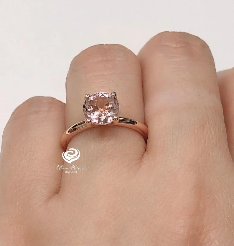 14k Rose Gold Solitaire Ring Morganite Ring 7mm Round Cut Morganite Engagement Ring Anniversary Ring