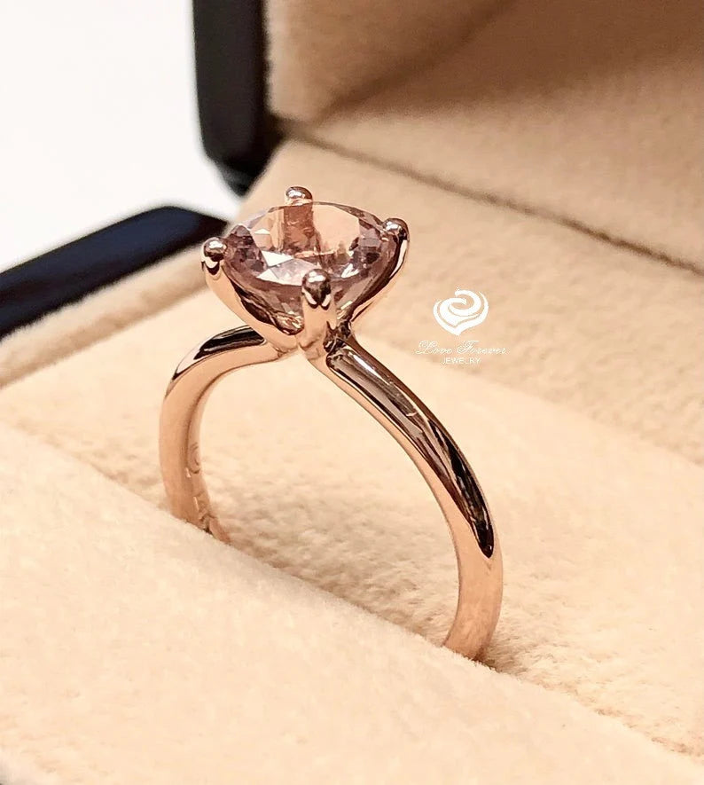 14k Rose Gold Solitaire Ring Morganite Ring 7mm Round Cut Morganite Engagement Ring Anniversary Ring