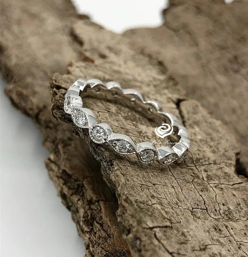 14k White Gold Diamond Band Diamond Ring 0.45 Carats Full Eternity Milgrain Wedding Band Full Around Diamond Wedding Ring