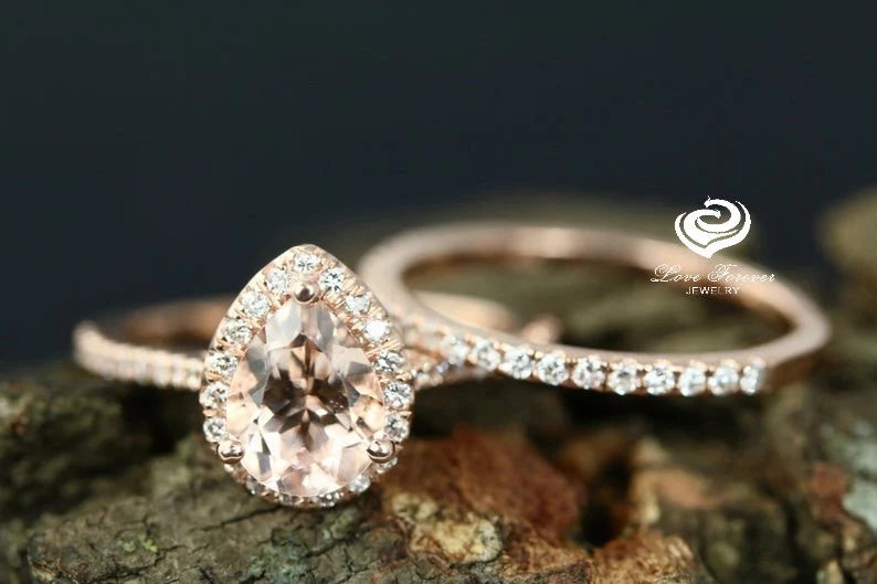 Rose Gold Morganite Pear Shape Ring Set, Pear Morganite Engagement Ring , Morganite Wedding Set, Pear Cut Morganite Ring Set, Morganite Pear