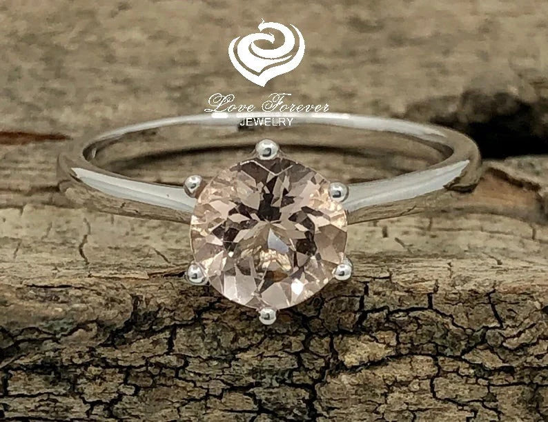 14k Rose Gold Morganite Ring Solitaire Ring 7mm/1.20 Carats Round Cut Morganite Engagement Ring Unique Ring