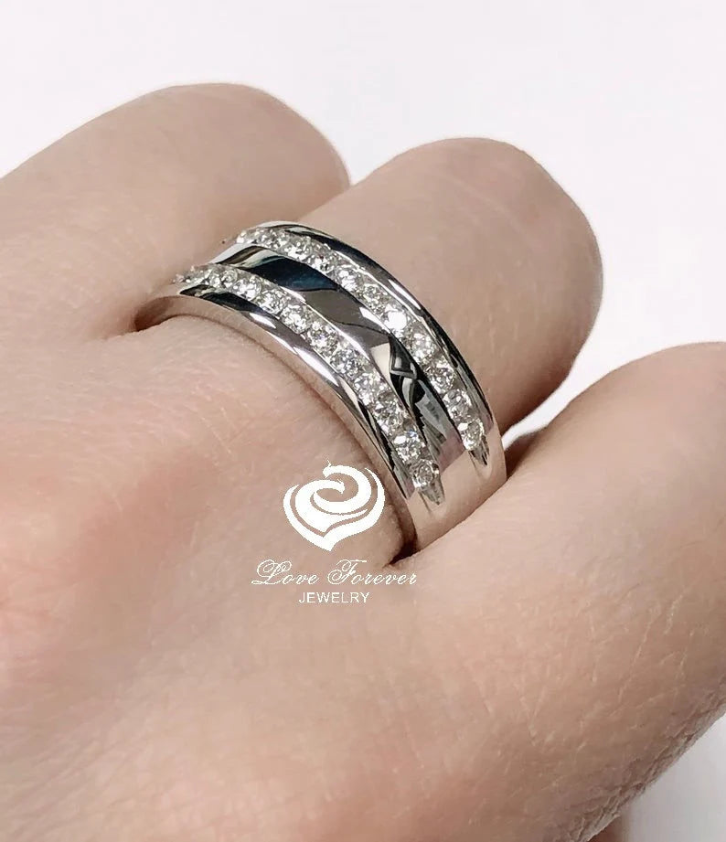 8mm Men's Diamond Wedding Band 14k White Gold Matching Wedding Band Promise Ring Anniversary Ring Band