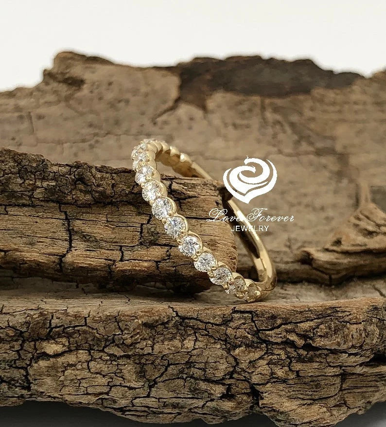 Diamond Half Eternity Wedding Band, Yellow Gold Stackable Wedding Band, Half Eternity Diamond Band