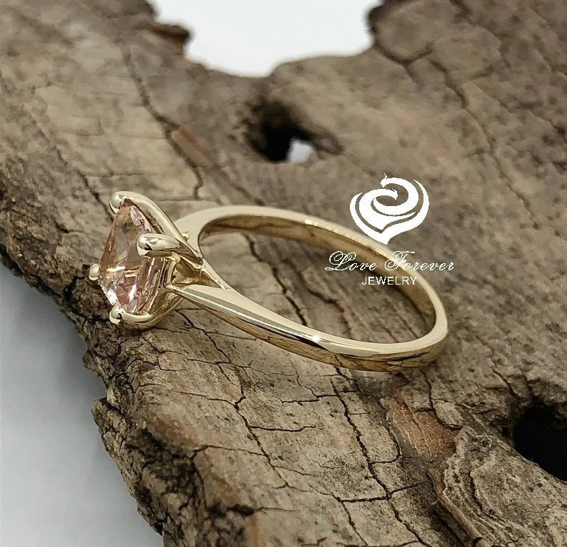 14k Yellow Gold Engagement Ring Morganite Ring 7mm Cushion Cut Morganite Solitaire Ring Anniversary Ring