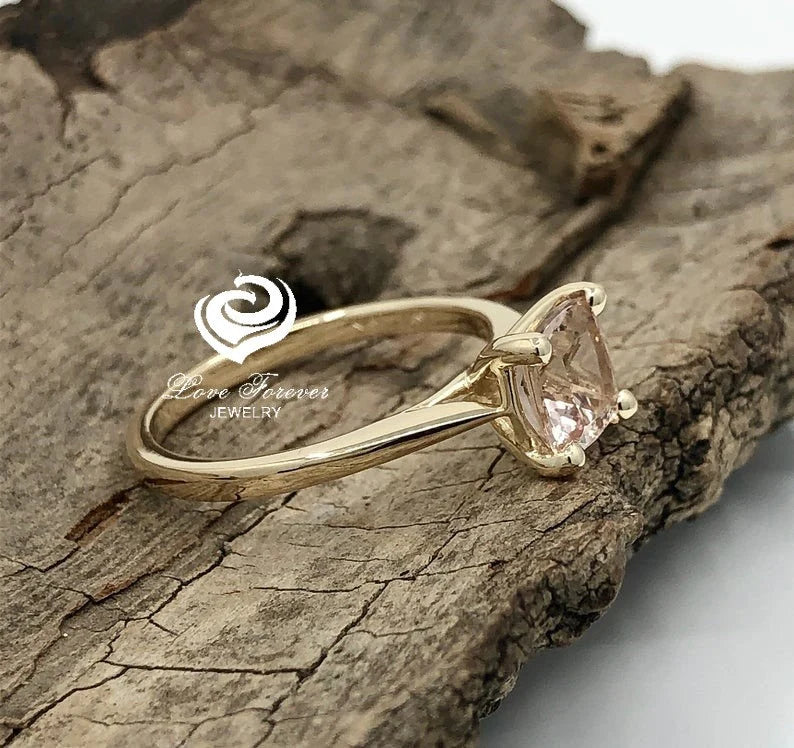 14k Yellow Gold Engagement Ring Morganite Ring 7mm Cushion Cut Morganite Solitaire Ring Anniversary Ring