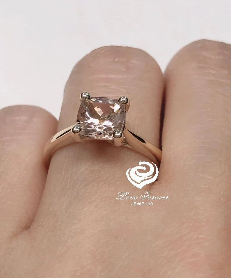 14k Yellow Gold Engagement Ring Morganite Ring 7mm Cushion Cut Morganite Solitaire Ring Anniversary Ring