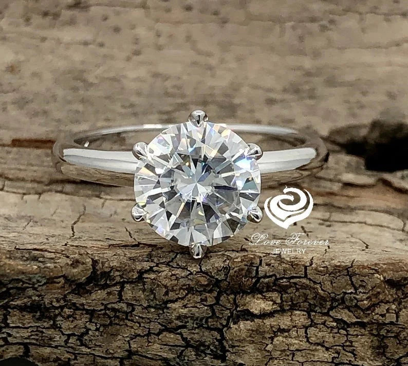 Engagement Ring Solitaire Ring Forever One Certified 8mm/2ct Round Cut D-F Color Moissanite Ring 14k White Gold 6 Prongs Anniversary Ring