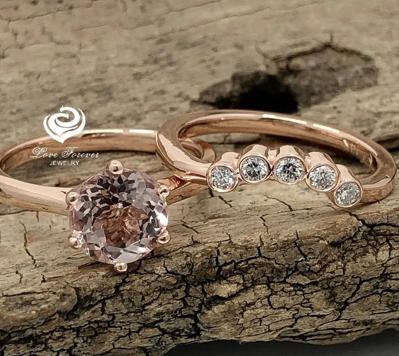 Rose Gold Morganite Round Cut Wedding Set, Round Morganite Engagement Ring, Morganite Wedding Set